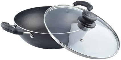 Deep Kadhai Induction Base Non-Stick Kadai with Glass Lid Non Stick Frying Pan Wok Flat Bottom Non Stick All Purpose Pan Non-Stick Aluminium Kadhai Deep Fry Pan (240mm) 2.2Ltr