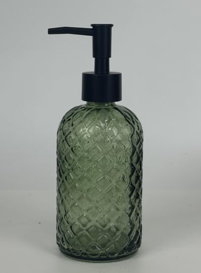 Topsky Gem Glass Soap Dispenser with Black Plastic Pump, 13oz Liquid Hand Soap Dispenser, Rustproof Pump for Kitchen & Bathroom, Great for Lotions, Essential Oil, Liquid Soaps-Army Green