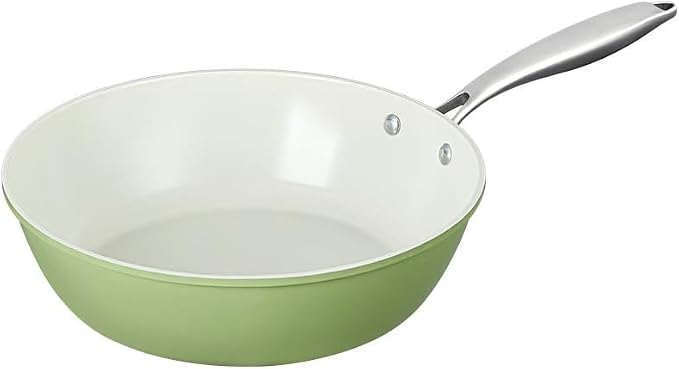 Nonstick Ceramic Frying Pan, Stir Fry Pans with Lid, Gas Electric & Induction Compatible (Green, Pan with Lid 12 inch)