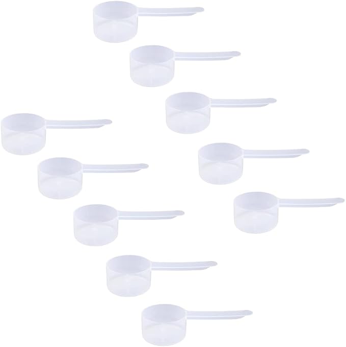 Plastic Measuring Scoop, (39 cc | 2.63 tbsp | 1.32 fl oz. | 39 mL) Long Handle Spoons for Powders, Granules, Coffee, Pet Food, Baking Supplies, Protein and Other Dry Goods, BPA Free (Set of 10)