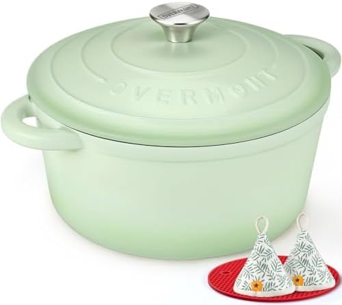 Overmont Enameled Cast Iron Dutch Oven - 4.5QT Pot with Lid Cookbook & Cotton Potholders - Heavy-Duty Cookware for Braising, Stews, Roasting, Bread Baking Verdant