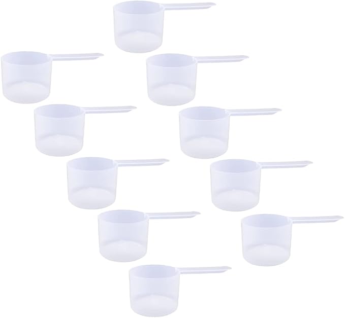 Plastic Measuring Scoop, 6 Tablespoon (90 cc | 3/8 Cup | 3 oz. | 90 mL) Long Handle Spoons for Powders, Granules, Coffee, Pet Food, Baking Supplies, Protein and Other Dry Goods, BPA Free (Set of 10)