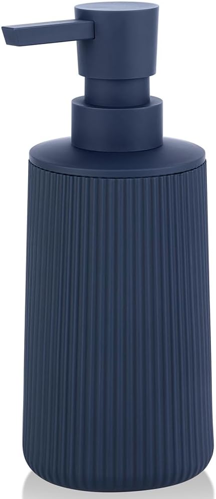 Small Soap Dispenser for Bathroom and Kitchen Matte Blue | Modern Farmhouse Striped Style Plastic Hand Soap Dish Soap Dispenser with Pump
