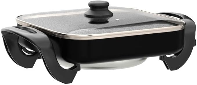 Moss & Stone Square Electric Skillet with Lid, 12-Inch Nonstick Frying Pan | 5 Qt Electric Frying Pan with Adjustable Temperature Control, Vented Glass Lid, Heat-Resistant Handles & Dishwasher Safe
