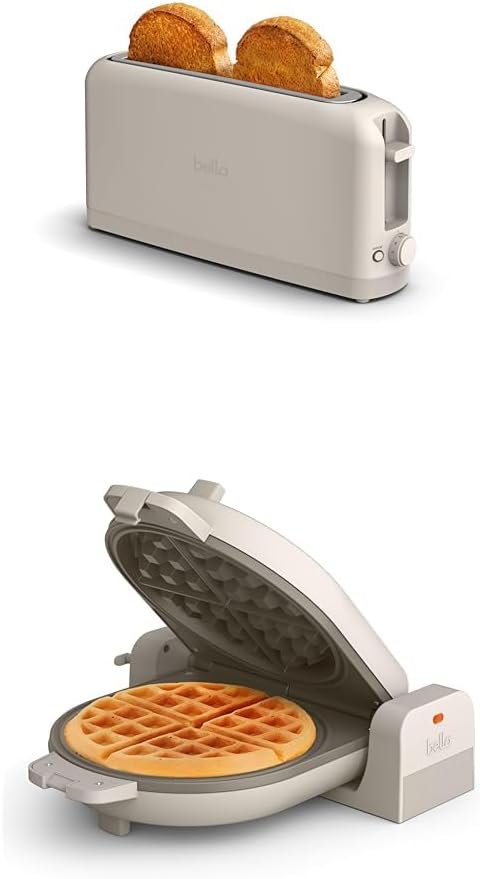 BELLA 2 slice Slim toaster + Flip-n-Store Ceramic Waffle Maker, Fits-anywhere™ Kitchenware, Waffle Iron w with EverGood™ Ceramic Nonstick Coating & Smart Toaster w 6 Shades Control, Oatmilk