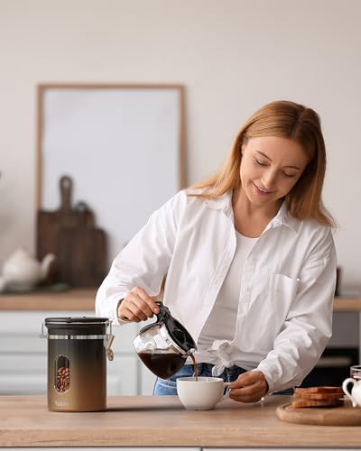 Veken Coffee Canister with Window, Airtight Stainless Steel Container,Date Tracker, Kitchen Food Storage Jars for Beans, Ground, Espresso, Rice,Tea,Sugar, Cereal, Gifts, Scoop,Copper, 22OZ (Pack of 2)