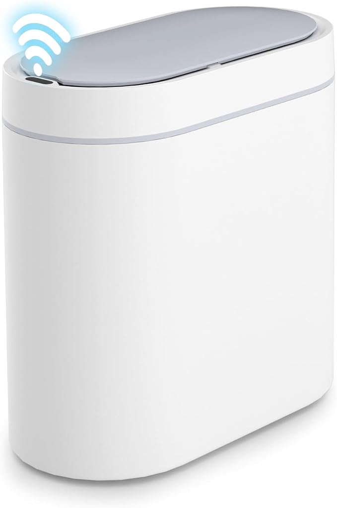 SYNCVIBE Bathroom Trash Can with Lid, 2 Gallon Slim Smart Garbage Can White | Motion Sensor Wastebasket, Narrow Automatic Plastic Trash Bin for Bedroom, Living room, Toilet, Office
