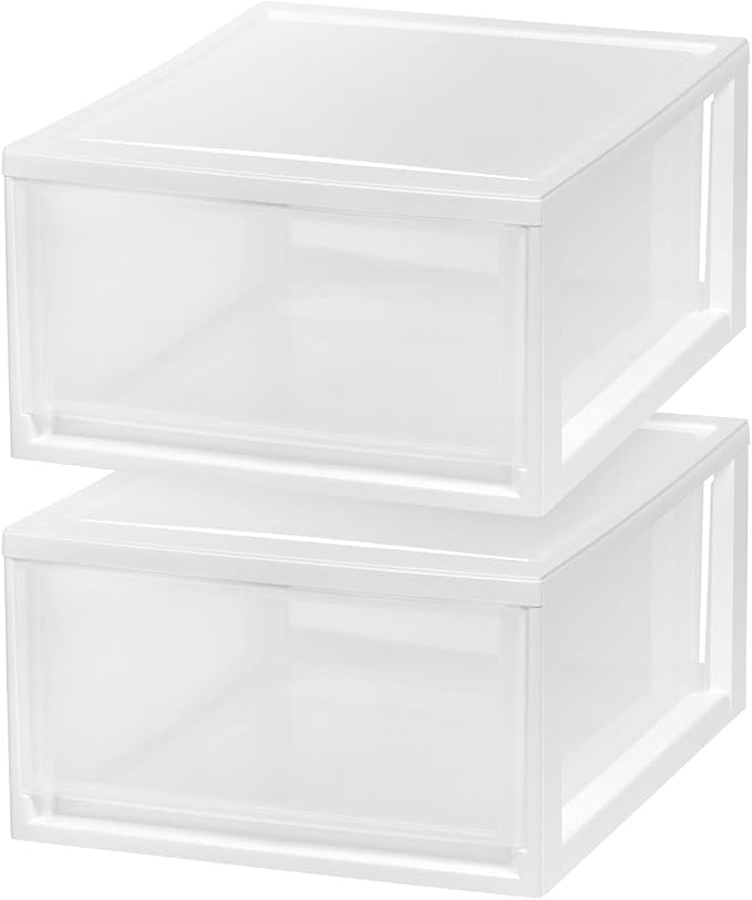 IRIS USA 2-Pack 30 Qt. Stacking Drawer Organizer with Sliding Drawer, White | Store clothing, accessories, pantry items, and household essentials around your home with organized storage solutions