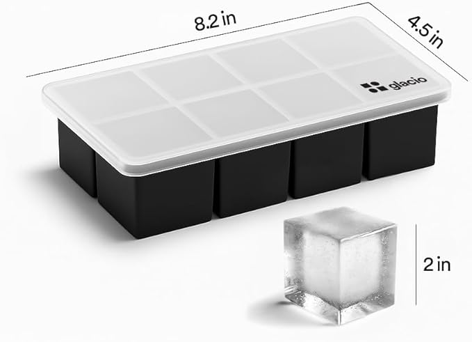 Ice Cube Molds, 2 Pack Silicone Trays for 8 Large Square Cubes | Slow Melt Large Squares, Flexible Silicone Trays, Easy Release, 2 Pack, for Whiskey Cocktails Coffee & More