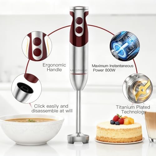 MEGAWISE Immersion Hand Blender 3-in-1, 12-Speed Stick Blender with Turbo, Egg Whisk & Milk Frother for Soups, Sauces, Smoothies and Baby Food, Red