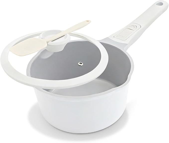 AIKENBBKK Small Sauce Pan with Lid, 1.5 Qt Ceramic Saucepan with Lid, Non Stick Sauce Pan, Milk Pot & Sauce Pot & Saucepan with Pour Spout, Detachable Handle Milk Pan, Induction Compatible, White