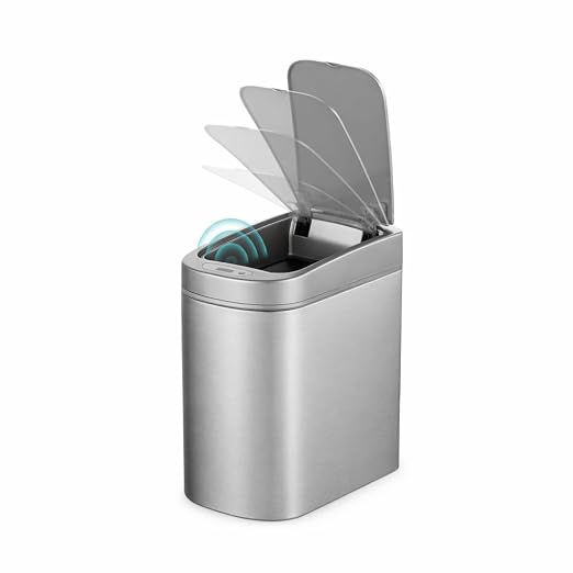 Ninestars Small Automatic Motion Sensor Bathroom Trash Can, 1.8 Gallon Smart Opening Garbage Bin for Bathroom, Bedroom, Kitchen, Office 7 Liter Compact Stainless Steel