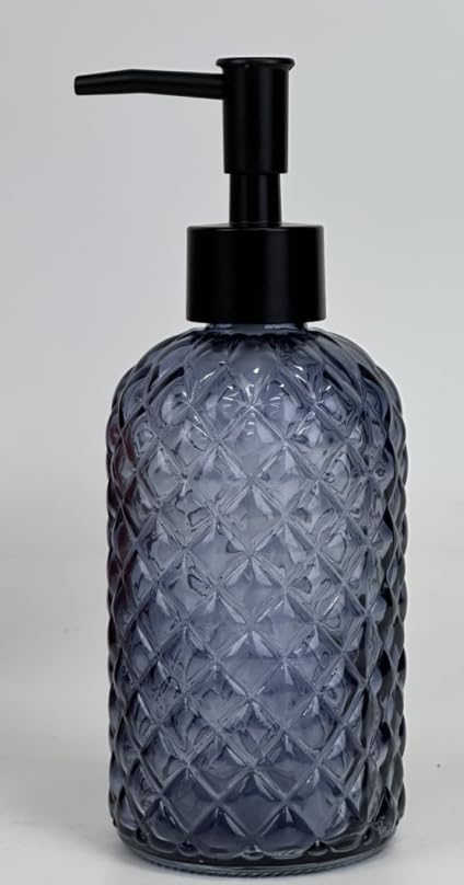 Topsky Gem Glass Soap Dispenser with Black Plastic Pump, 13oz Liquid Hand Soap Dispenser, Rustproof Pump for Kitchen & Bathroom, Great for Lotions, Essential Oil, Liquid Soaps-Grayish Blue