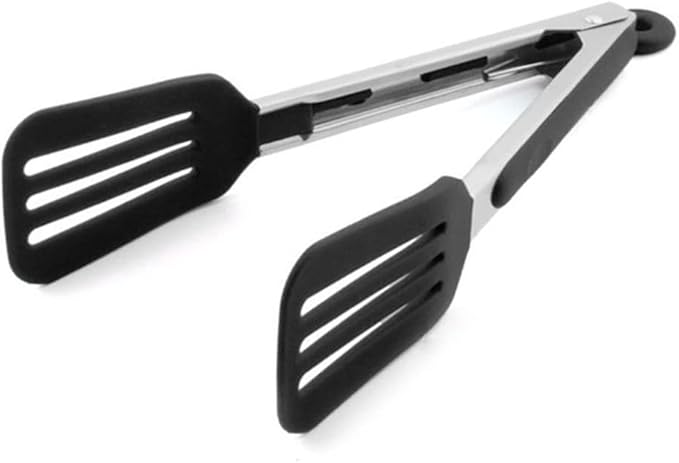 Cooking Tong 9 inches Stainless Steel Kitchen Silicone Serving Tong | Heat Resistant Meat Turner Spatula Tongs Fish Tongs for Grilling Steak Salad Pasta Buffet Serving (Black)