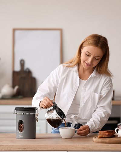 Veken Coffee Canister with Window, Airtight Stainless Steel Container,Date Tracker, Kitchen Food Storage Jars for Beans, Ground, Espresso, Rice,Tea, Sugar, Cereal, Gifts, Scoop, Grey, 22OZ (Pack of 2)