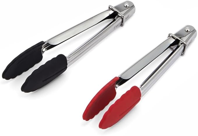 Farberware Mini Kitchen Tongs Set of 2, 7 Inch Stainless Steel Cooking Tongs with Silicone Tips, Heat Resistant to 450F, Ring Lock for Compact Storage, Dishwasher Safe, Red and Black