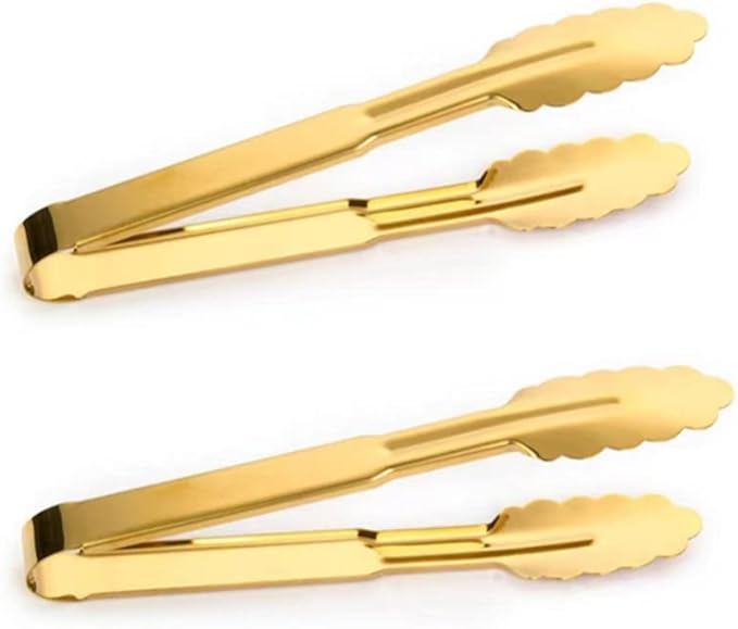 2-Pack 9 Inch Gold Serving Tongs Barbecue Food Tongs Buffet Tongs Non-slip & Easy Grip Stainless Steel Gold Kitchen Cooking Tongs, Salad, Bread, Ice, Frying,Grilling,Pastry,Oven