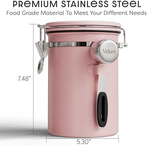 Veken Coffee Canister with Window, Airtight Stainless Steel Container,Date Tracker, Kitchen Food Storage Jars for Beans, Ground, Espresso, Rice,Tea, Sugar, Cereal, Gifts, Scoop, Pink, 22OZ (Pack of 2)