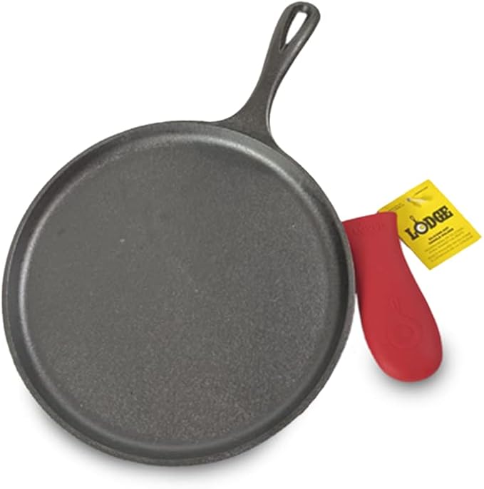 Lodge Round Seasoned Cast Iron Griddle with Red Silicone Handle Holder - Heavy Duty Flat Cooking Pan for Breakfast Favorites & Everyday Cooking - 10.5 Inches