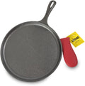 Lodge Round Seasoned Cast Iron Griddle with Red Silicone Handle Holder - Heavy Duty Flat Cooking Pan for Breakfast Favorites & Everyday Cooking - 10.5 Inches