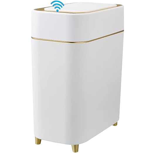 Yatmung Motion Sensor Trash Can Bathroom Automatic Lid - Sensor Garbage Can | Bathroom, Bedroom, Kitchen, Laundry room, Small Spaces - Compact Smart Trash Bin - White with Gold Edge, 1Pack