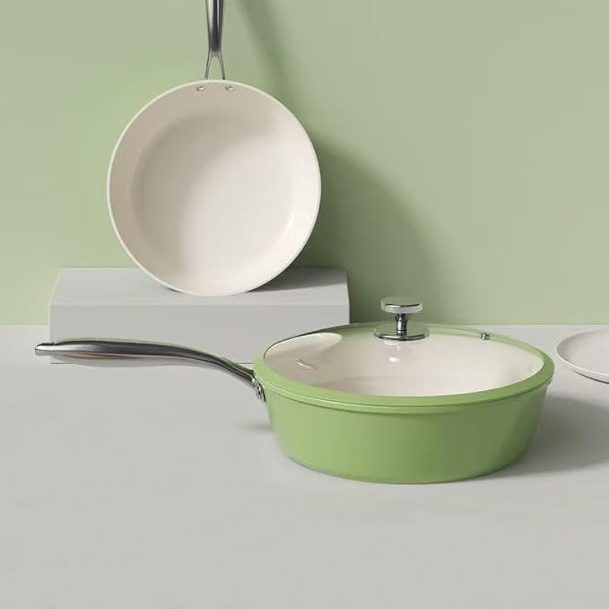 Nonstick Ceramic Frying Pan, Stir Fry Pans with Lid, Gas Electric & Induction Compatible (Green, Pan with Lid 12 inch)