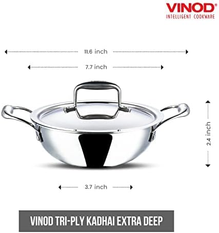 Vinod Platinum Triply Kadai with Lid, Extra Deep, 18cm, for Home Kitchen | Induction And Electric Friendly Stainless Steel Wok; Suited For Indian Sauces, Stews And Soups