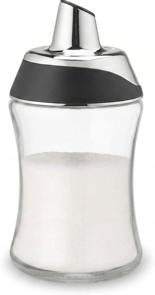 J&M DESIGN Glass Sugar Dispenser with Pour Spout for Coffee Bar, Tea and Kitchen Baking, Auto-Pouring Airtight Lid - 7.5 Oz Container