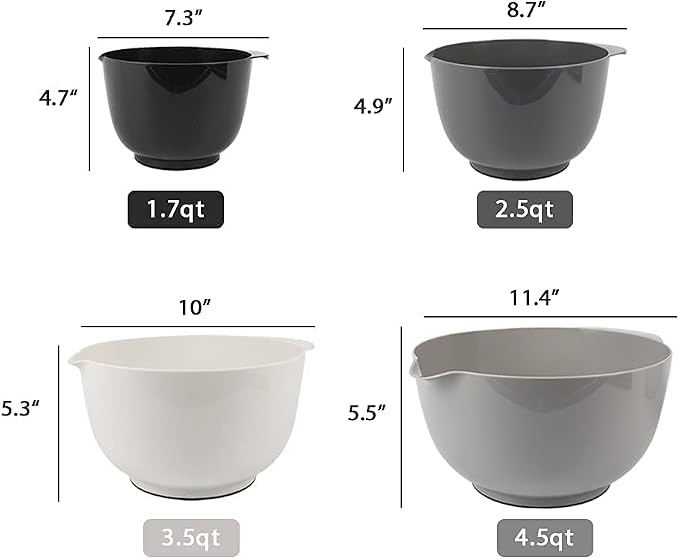 BoxedHome Classic Mixing Bowl Set of 4, BPA Free Plastic, Microwave Safe | 4.5, 3.5, 2.5 & 1.7 quarts,Non-slip Base Large Nesting Bowl with Pour Spout, Dishwasher Safe, for Prep, Cooking,Grey