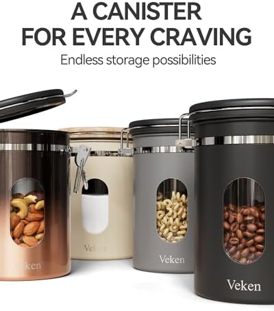 Veken Coffee Canister with Window, Airtight Stainless Steel Container,Date Tracker, Kitchen Food Storage Jars for Beans, Ground, Espresso, Rice,Tea, Sugar, Cereal, Gifts, Scoop, Grey, 22OZ (Pack of 2)
