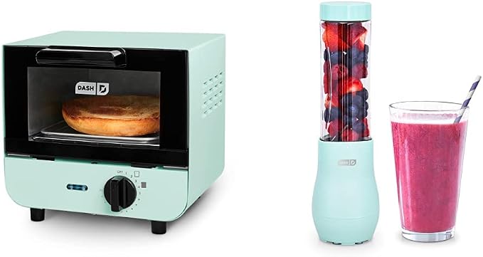 DASH Mini Toaster Oven Cooker for Bread, Bagels, Cookies, Pizza, Paninis & More with Baking Tray, Rack, Auto Shut Off Feature & Mighty Mini 10 oz Compact Personal Bottle Blender with Travel Lid, Aqua
