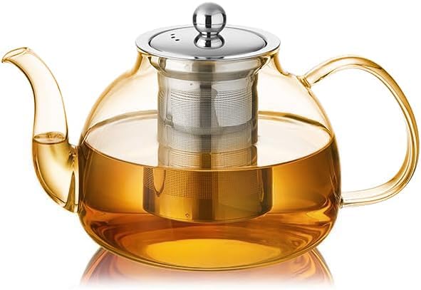 DOPUDO 40OZ (1200ML) Glass Teapot with Infuser Stovetop Safe, Clear Glass Tea Pot Kettle, Borosilicate Tea Pot with Infusers Filter for Loose Tea, Tea Kettle Dishwasher Safe (Champagne)