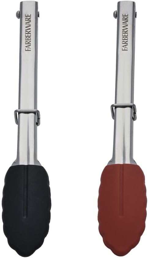 Farberware Mini Kitchen Tongs Set of 2, 7 Inch Stainless Steel Cooking Tongs with Silicone Tips, Heat Resistant to 450F, Ring Lock for Compact Storage, Dishwasher Safe, Red and Black
