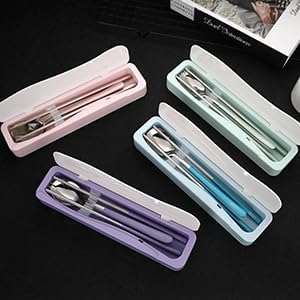DEVICO Travel Utensils with Case, 4Pcs Portable Silverware Set for Work, 18/8 Stainless Steel Reusable Cutlery, Korean Spoon and Chopsticks Fork for Camping, School, Lunch Box Accessories (Purple)