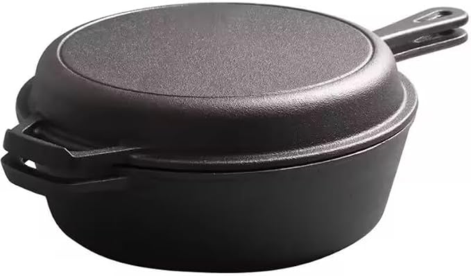 Cast Iron Double Dutch Oven Pot with Skillet Lid, Cast Iron Combo Cooker, Skillet with Lid, Deep Pot with Frying Pan for Bread Baking, Outdoor, Campfire Cooking (3 Quarts)