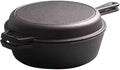 Cast Iron Double Dutch Oven Pot with Skillet Lid, Cast Iron Combo Cooker, Skillet with Lid, Deep Pot with Frying Pan for Bread Baking, Outdoor, Campfire Cooking (3 Quarts)