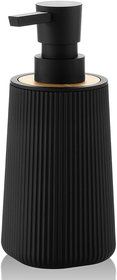 YAUKPH Small Soap Dispenser for Bathroom and Kitchen Bamboo Decor Black | Modern Farmhouse Striped Style Plastic Hand Soap Dish Soap Dispenser