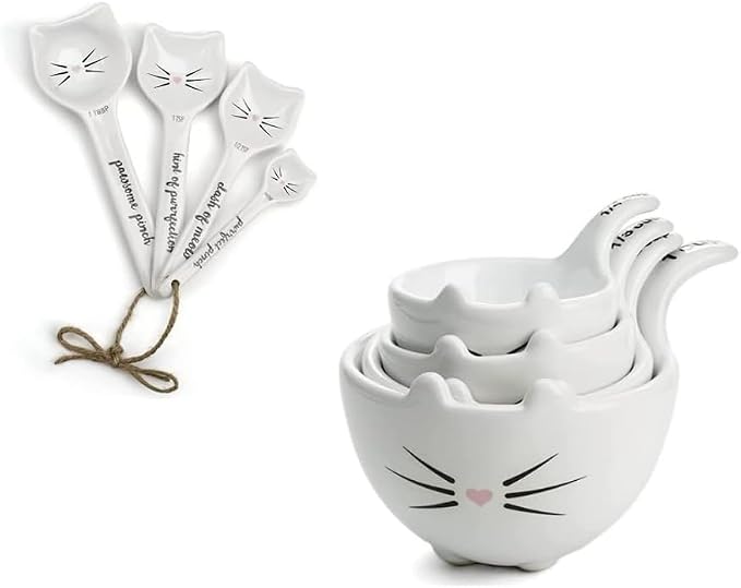 White Cat Measuring Cups & Spoons Gift Set – Ceramic Kitchen Tools for Cat Lovers & Bakers – 4 Measuring Cups and 4 Measuring Spoons – Unique Gift for Kitchen, Baking, and Cat Lovers