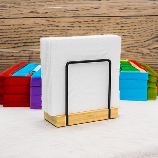 Wican Napkin Holder for Table, Bamboo Iron Standing Napkin Dispenser | Kitchen Dining Table Farmhouse Cocktail Picnic Rustic Wood Holders, Mail Bills, Suitable Dining Room Decors, Black & Yellow