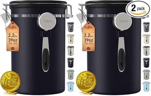 Veken Coffee Canister,39OZ, 2.2lbs,Large Airtight Stainless Steel Container Kitchen Food Storage Jars for Beans,Ground, Espresso, Rice,Tea, Sugar, Cereal, Gifts, Date Tracker, Scoop, Black (Pack of 2)