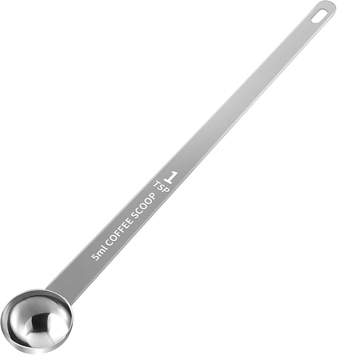 1PCS Extra Long Handle Coffee Scoop, 1Tsp(5ml) Measuring Spoon | 9” Length, Food-Grade Stainless Steel, Accurate Measurement, Dishwasher-Safe, Engraved Marking, Coffee Ritual Essential