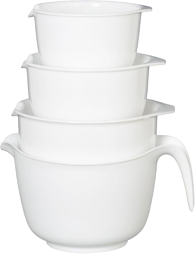 Glad Mixing Bowls with Pour Spout, Set of 4 - Nesting Plastic Bowls (1.2qt, 1.9qt, 2.8qt, and 3qt with Handle) - Non Slip Base, Dishwasher Safe Kitchen Cooking and Baking Supplies, Grey