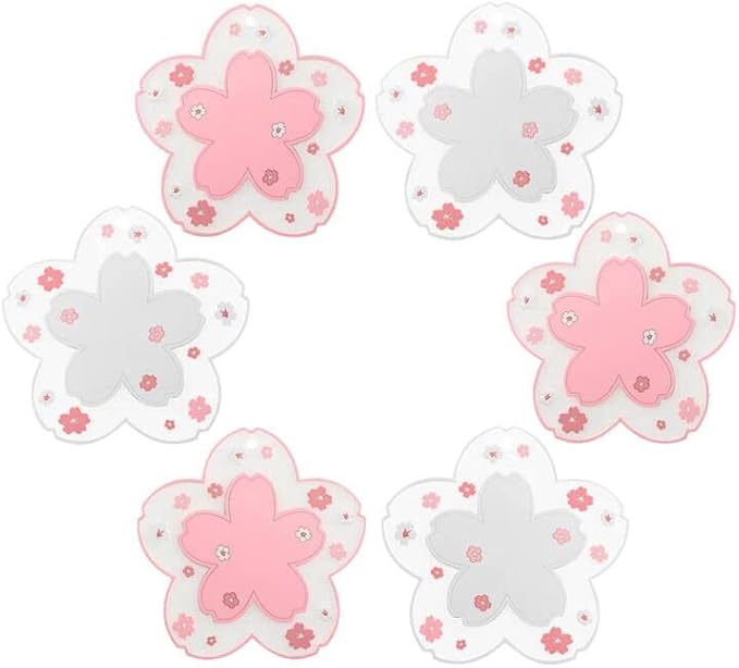Sakura Coasters Set of 6 Kawaii Cup Mat Anti-Skid Pot Bowl Pad Placemats PVC Cherry Blossom Coaster for Drinks Coffee Table Cute Room Home Kitchen Decor Kawaii Desk Accessories(4.3in)