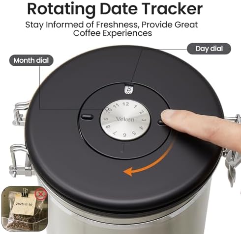 Veken Coffee Canister,39OZ, 2.2lbs,Large Airtight Stainless Steel Container Kitchen Food Storage Jars for Beans,Ground, Espresso, Rice,Tea, Sugar, Cereal, Gifts, Date Tracker, Scoop, Silver(Pack of 2)