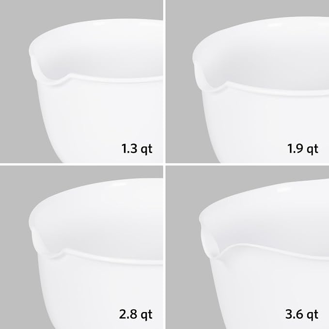 Glad Mixing Bowls with Pour Spout, Set of 4 - Nesting Plastic Bowls (1.2qt, 1.9qt, 2.8qt, and 3qt with Handle) - Non Slip Base, Dishwasher Safe Kitchen Cooking and Baking Supplies, Grey