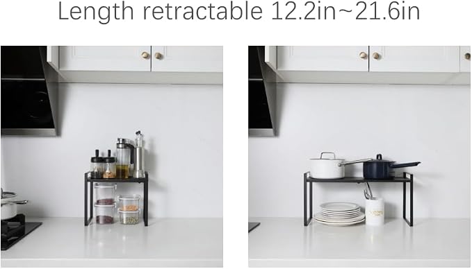 Expandable Cabinet Shelf Organizer Riser for Kitchen Pantry Cupboard Under Sink Countertop (black, 8.2’’D * 12.2-21.6’’W * 10.4’’H)