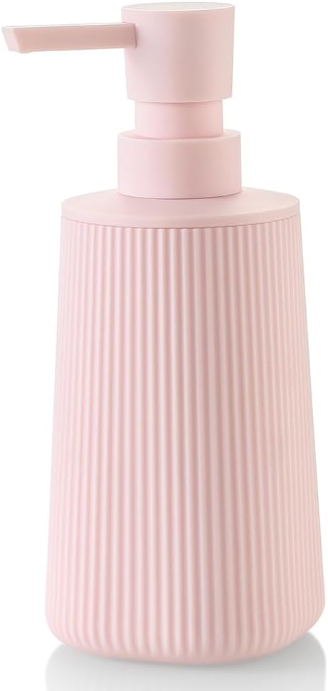 YAUKPH Small Soap Dispenser for Bathroom and Kitchen Matte Pink for Girls | Modern Farmhouse Striped Style Plastic Hand Soap Dish Soap Dispenser with Pump