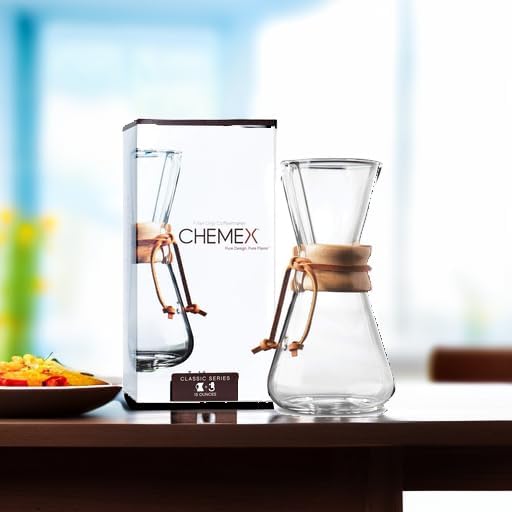 Chemex Pour-Over Glass Coffeemaker - Classic Series - 3-Cup - Exclusive Packaging | Manual Drip Coffee Brewer, Non-Porous Borosilicate Glass, Uses FP-2 Filters, Sediment-Free