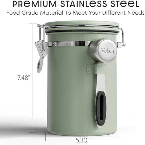 Veken Coffee Canister with Window, Airtight Stainless Steel Container,Date Tracker, Kitchen Food Storage Jars for Beans, Ground, Espresso, Rice,Tea, Sugar, Cereal, Gifts, Scoop,Green, 22OZ (Pack of 2)