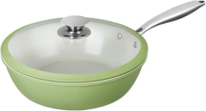 Nonstick Ceramic Frying Pan, Stir Fry Pans with Lid, Gas Electric & Induction Compatible (Green, Pan with Lid 12 inch)